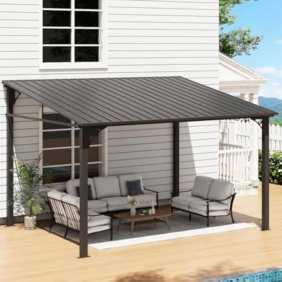 10' x 12' Lean to Gazebo, Hardtop Outdoor Pergola with Sloping Galvanized Steel Roof, Large Wall-Mounted Heavy Duty Awnings for Patio, Backyard, Deck, Porch (Black)